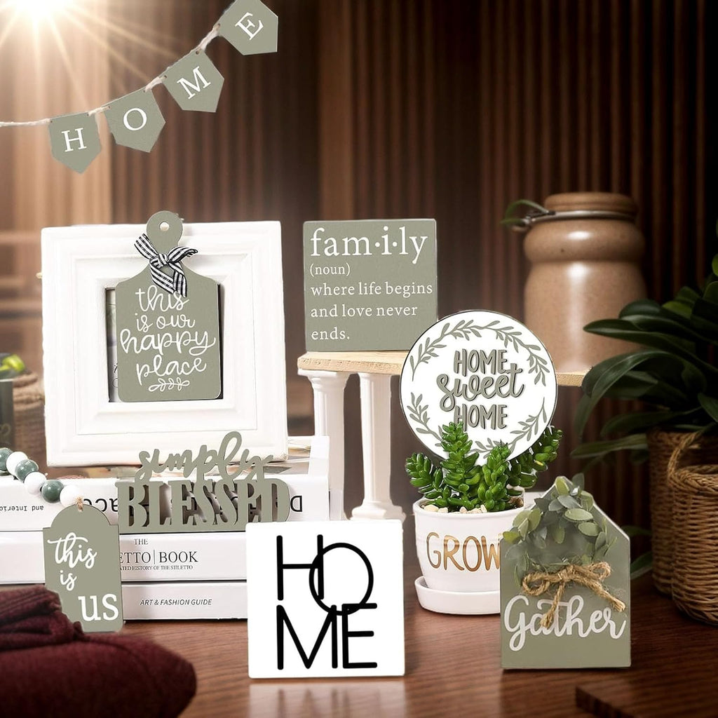 Farmhouse Tiered Tray Decor Set - Rustic Wooden Mini Signs and Decorations and Kitchen Display (Tiered Tray Not - Set of 11
