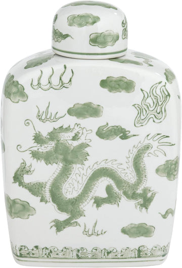 Sansui 10 1/2"H Green and White Cottage Core Ceramic Ginger Jar with Lid