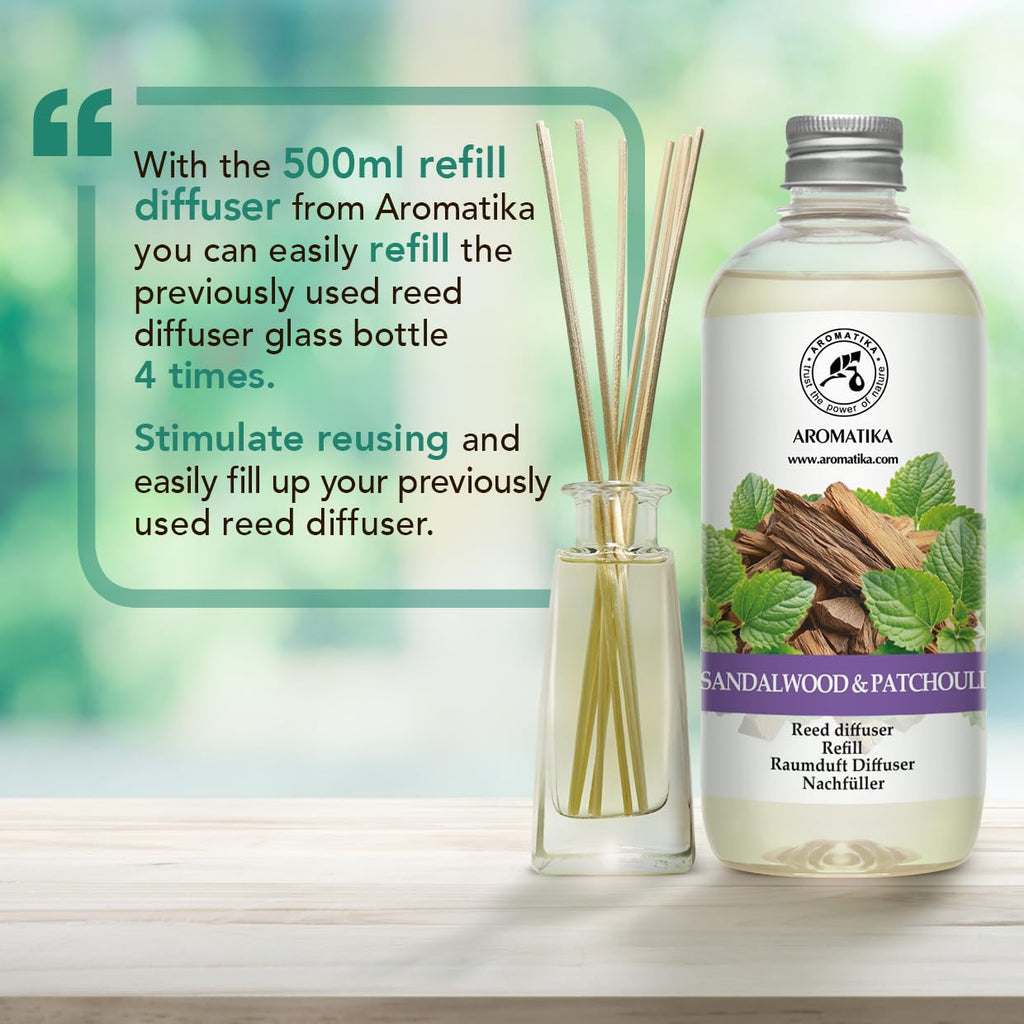 Reed Diffuser Refill Sandalwood - Patchouli 17 Fl Oz - Scented Diffuser Refill with Patchouli Essential Oil - Home