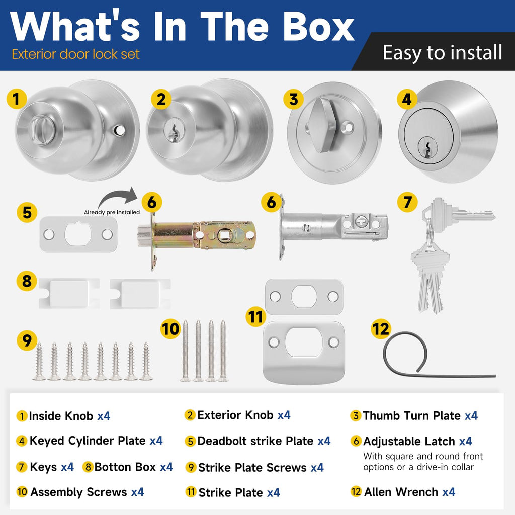 Keyed Same Exterior Door Lock Set, Front Door Lock Set, Satin Nickel, 4Pack