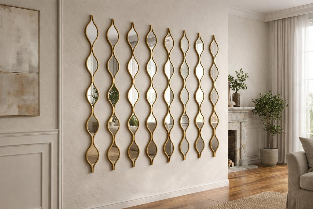Set of 5 Extra Long Skinny Teardrop Wall Mirrors, Gold Wall Art