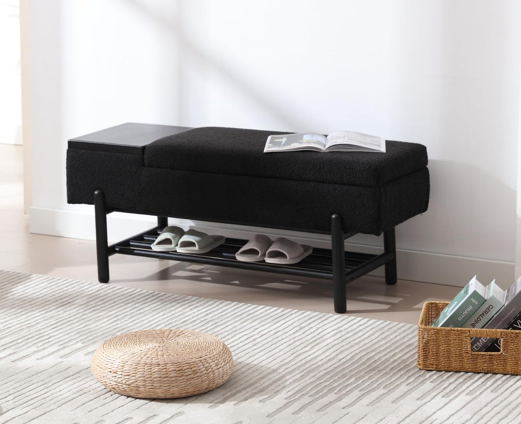 Modern Storage Bench End of Bed Sherpa Ottoman Bench with Storage Upholstered Entryway Bench with Wood Shoe Rack