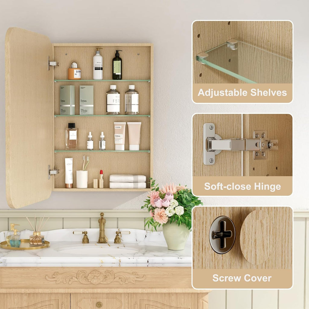 20x28 Inch Wood Medicine Cabinet with Mirror , Oak | Fully Assembled, Surface or Recessed Mount Mirror Cabinet
