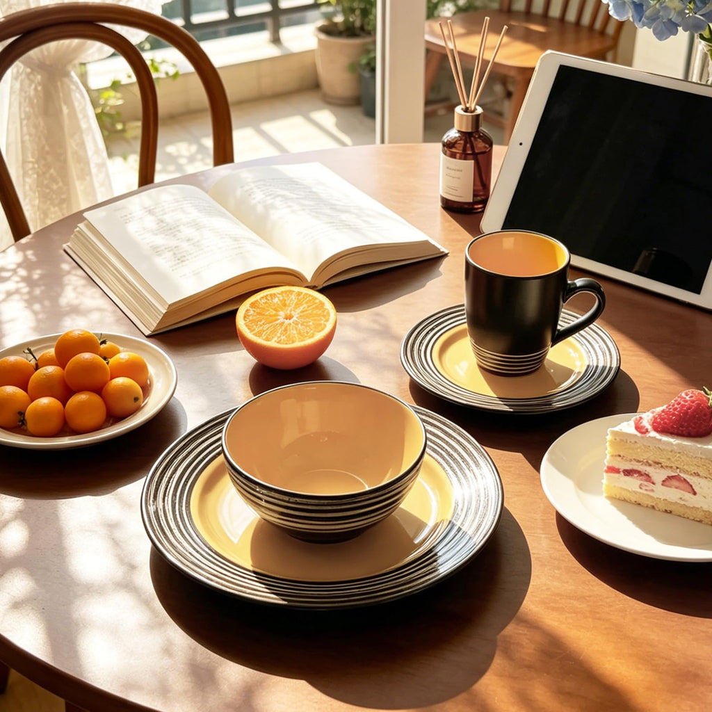 16 Piece Dinnerware Set, Ceramic Plates and Bowls Sets for 4, Microwave and Dishwasher Safe, Handcrafted Tree Bark