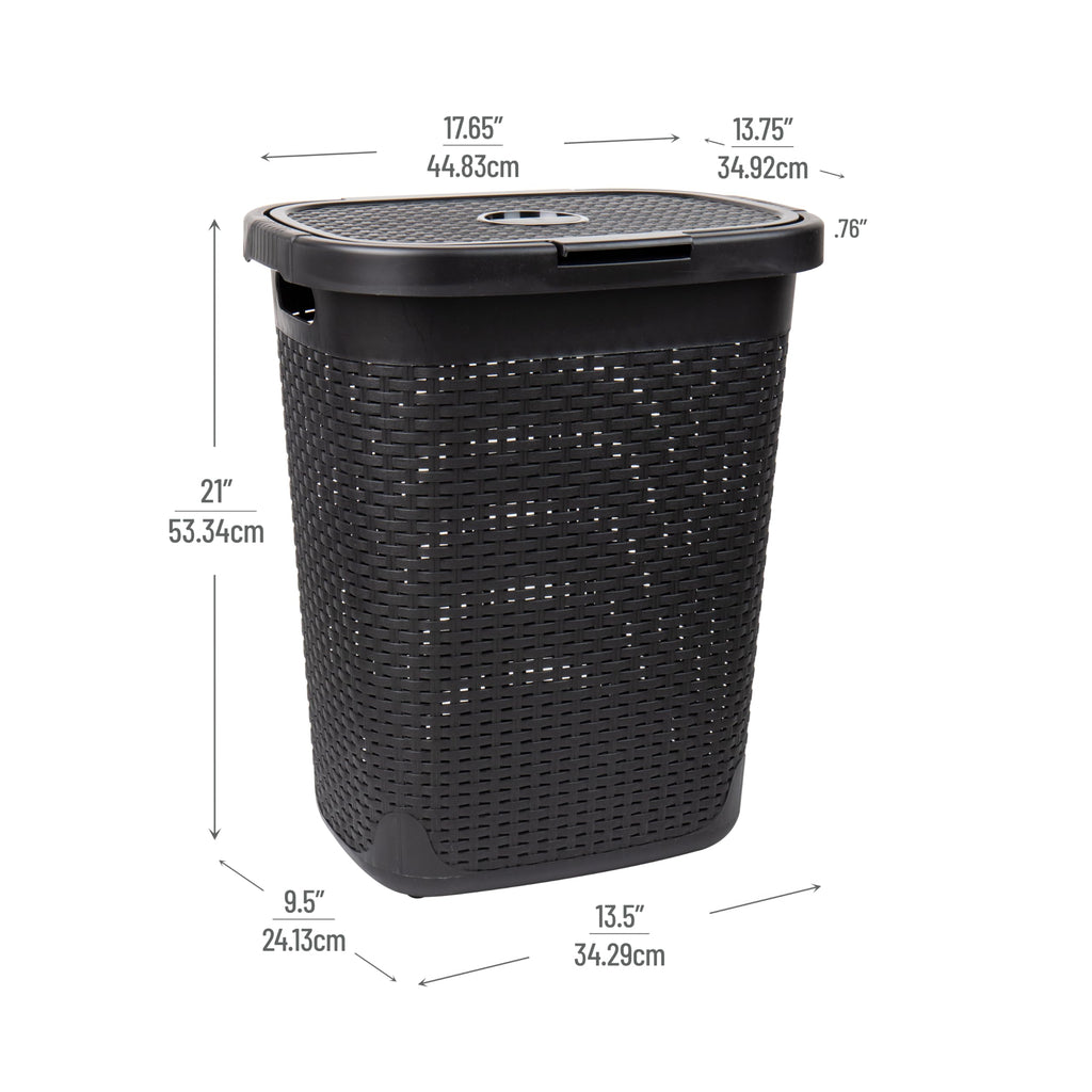 Slim Laundry Hamper with Lid, 50L Clothes Basket, Premium Wicker Design, Plastic, Black