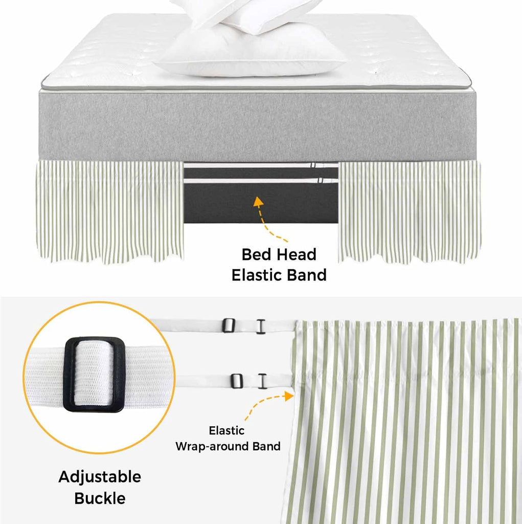 Sage Green Vertical Striped Bed Skirt King Size 16 Inch Drop, Adjustable & Elastic Wrap Around Bed Skirts Pleated
