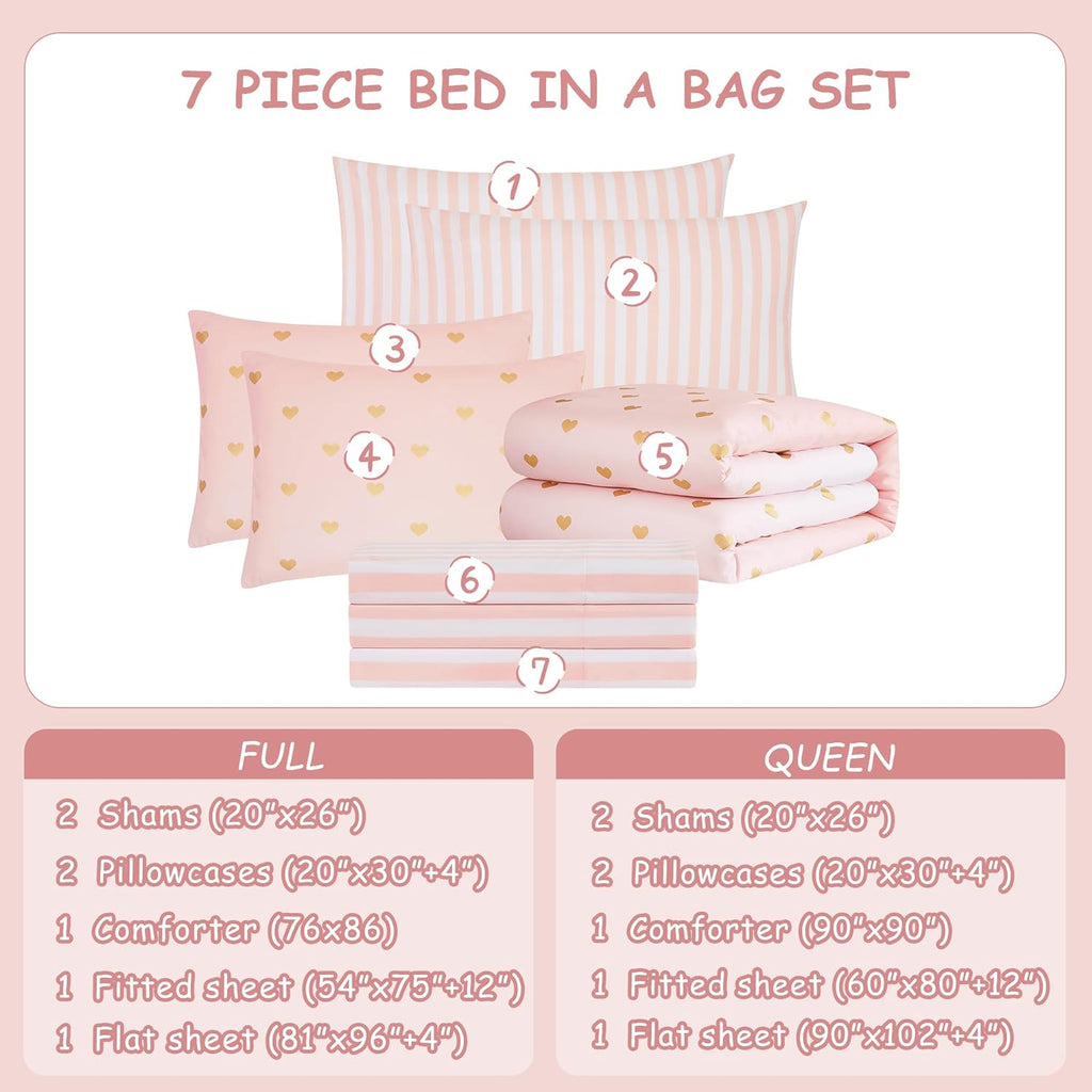 Full Comforter Sets with Sheets for Girls-7 Pieces Full Bedding Sets with Pink White Gradient Ombre Comforter