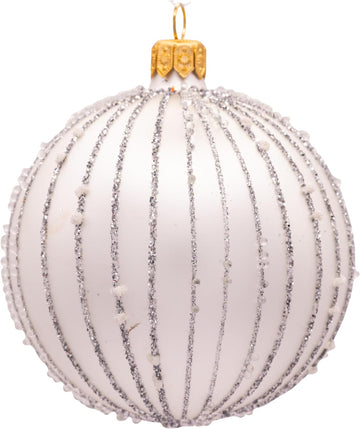 Luxury Handcrafted European Glass Christmas Ball Ornaments - Set of 6 - Silver & White - Frosted Luxe - 8 cm