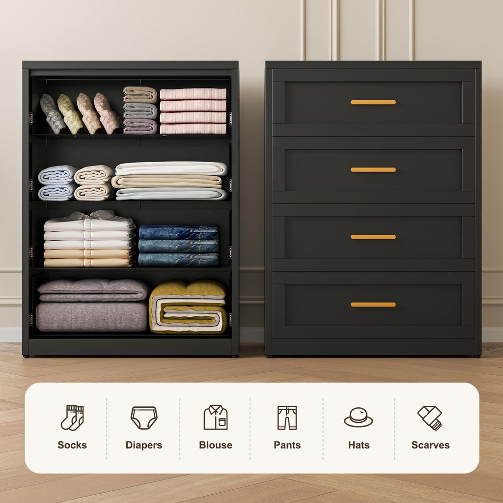 Black 4 Drawer Metal Dresser, Chest of Drawers for Closet, Bedroom Tall Dressers with Drawers, Metal Dressers &
