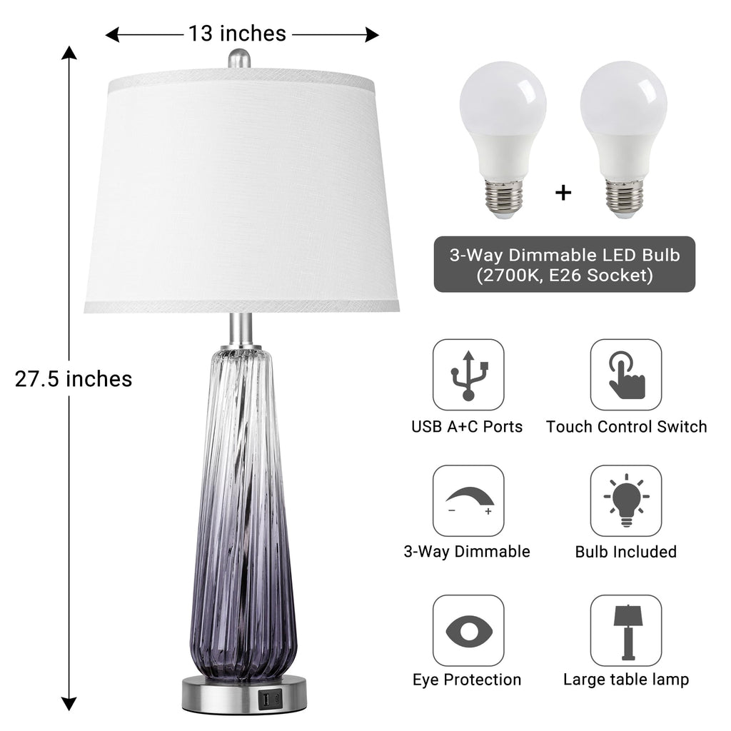 Glass Table Lamps Set of 2, Modern Bedside Lamps s with USB A+C Ports, 3-Way Dimmable Touch Control Nightstand Lamp