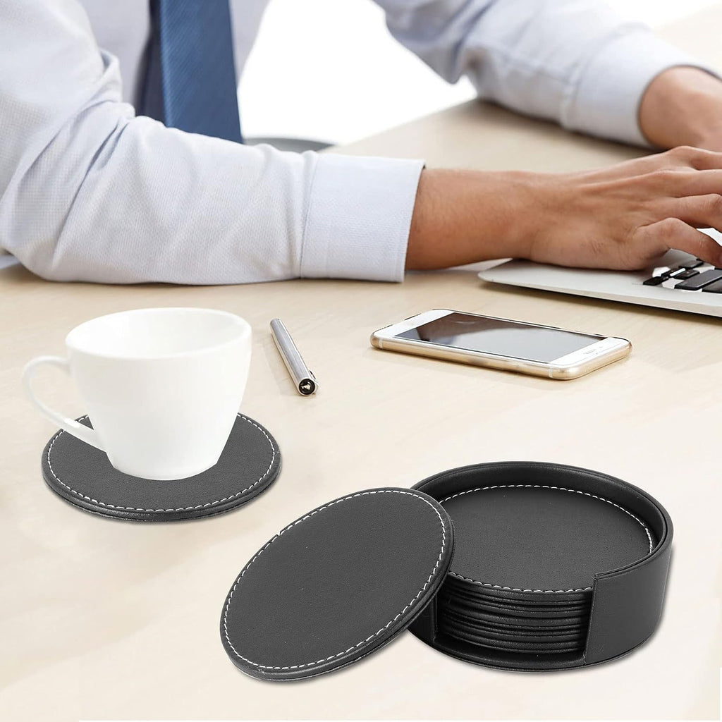 Durable Round Black Leather Coaster for Drinks with Holder (6 Pack) - Set of 6