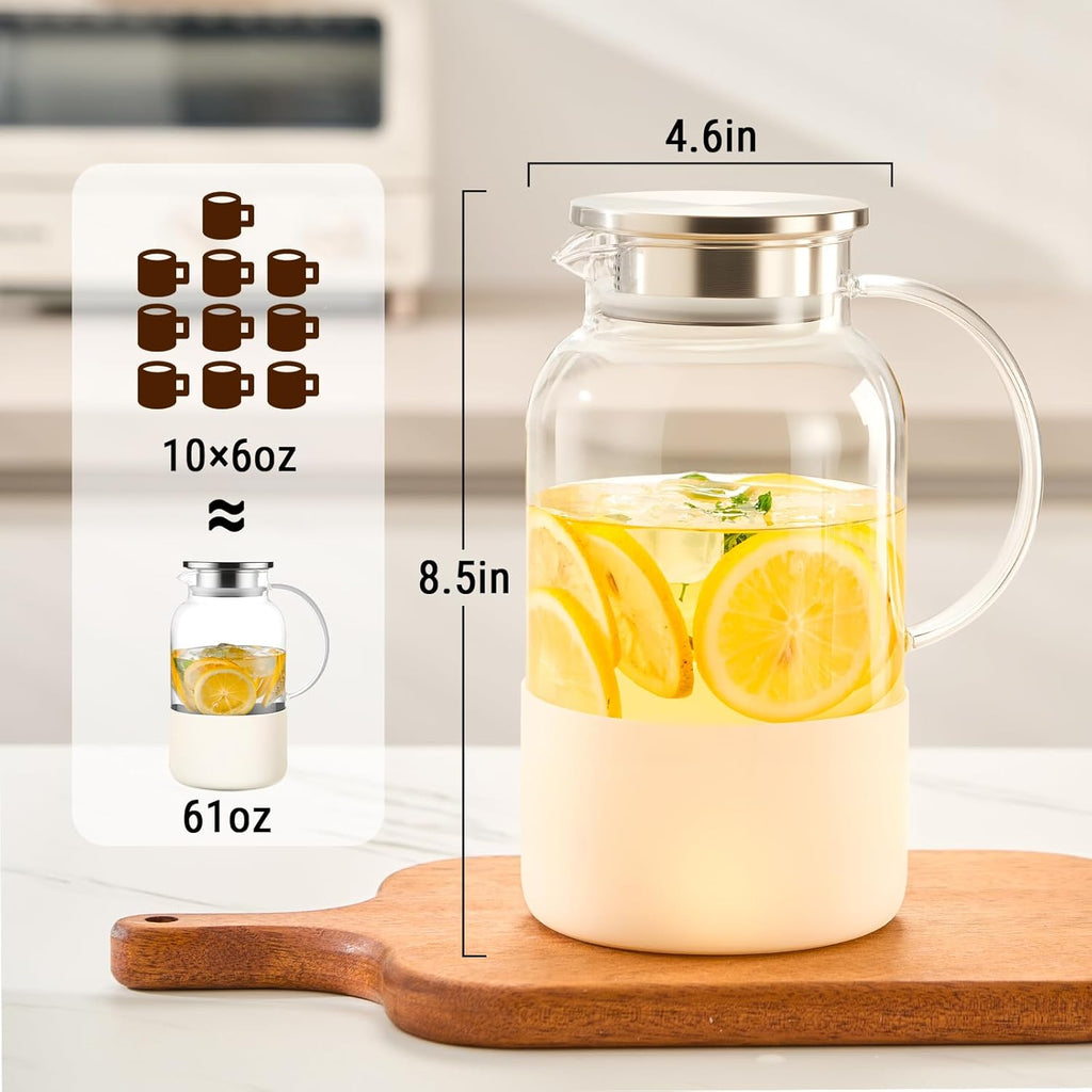 Water Jug Water Pitcher with Silicone Base 61oz/ 1.8L, Hot& Cold Glass Pitcher with Lid and Handle, Glass Carafe with