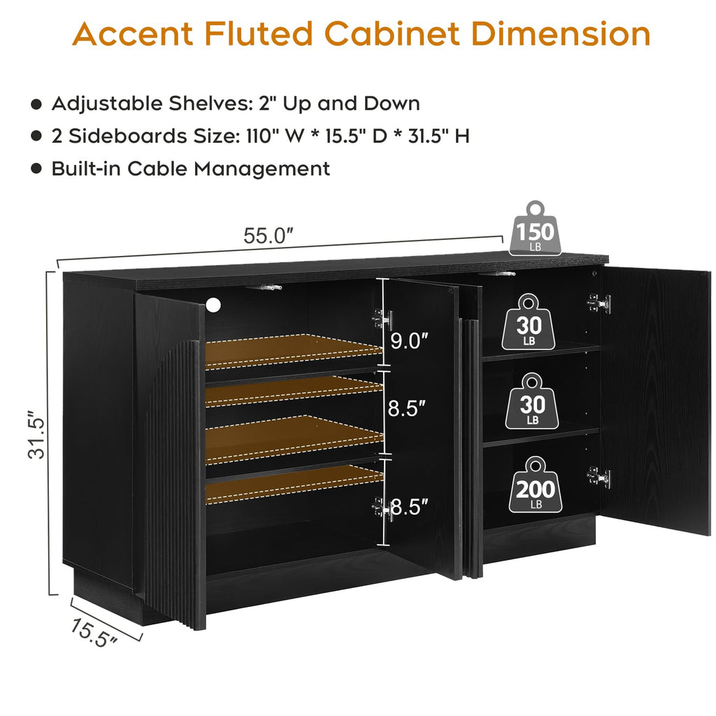 55" Fluted Sideboard Buffet Cabinet with Storage, Credenza, Black