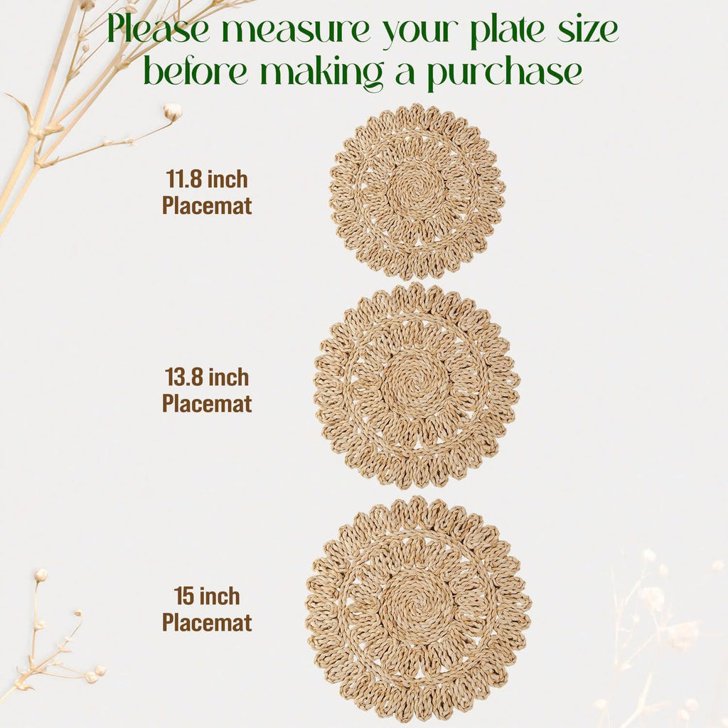 13.8" Corn Husk Woven Round Placemats Set of 6 - Wicker Boho Farmhouse Placemats - Rattan Table Mats for Dining