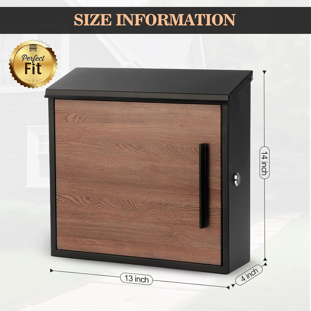 Wall Mounted Mailbox, 13x14x4inch Large Capacity with Wood-Grain Steel Panel