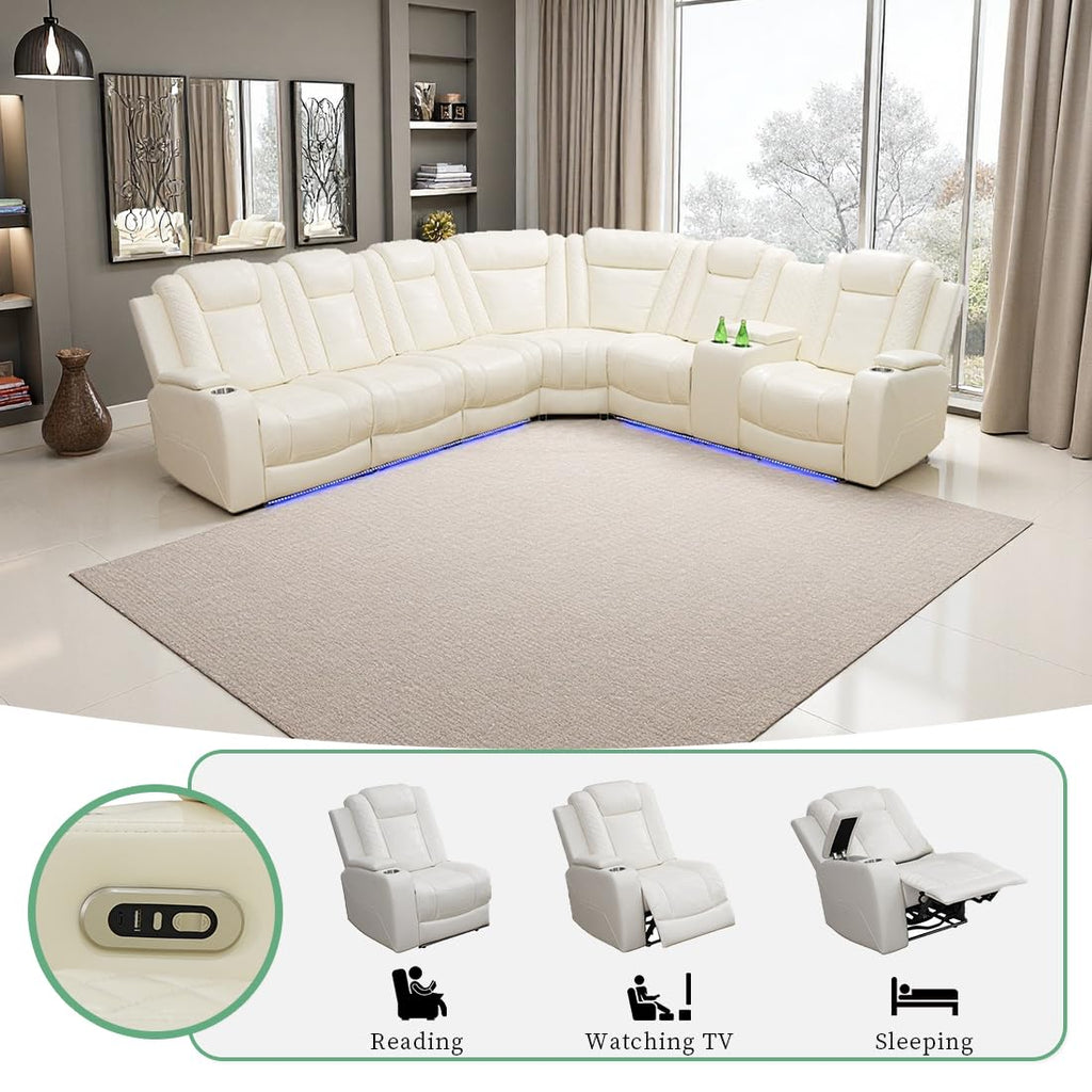 Living Room Furniture Sets, Leather Power Recliner Sectional Corner Creamy White Sectional Recling Sofa Set with