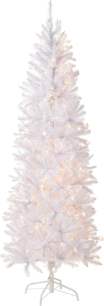 Tree Company 7ft Pre-Lit Kingswood Fir Slim Christmas Tree, White | 300 Clear Lights, 892 Tips, Includes Stand