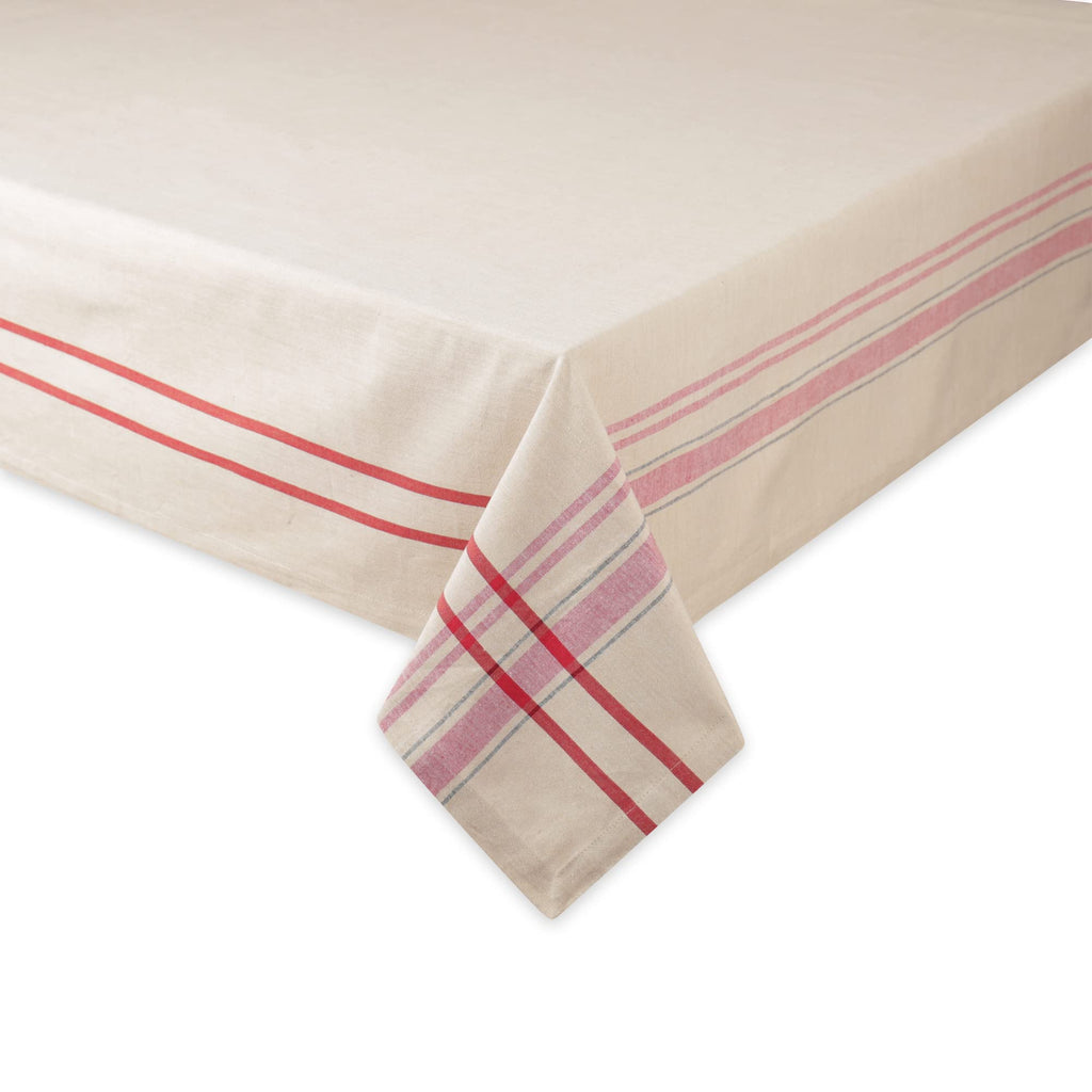 French Stripe Tabletop Collection Farmhouse Style Dining Table Linen Tablecloth, 60x120, Taupe/Red