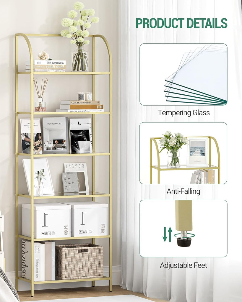 Bookcase Bookshelf, Tempered Glass Arched Bookshelf