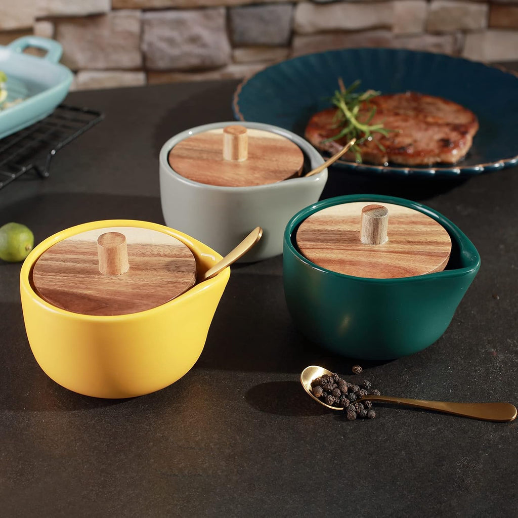 Salt Box base grey color Salt Cellar Elegant Design salt Boxes Big Capacity Wood lid grey Ceramic Base with spoon