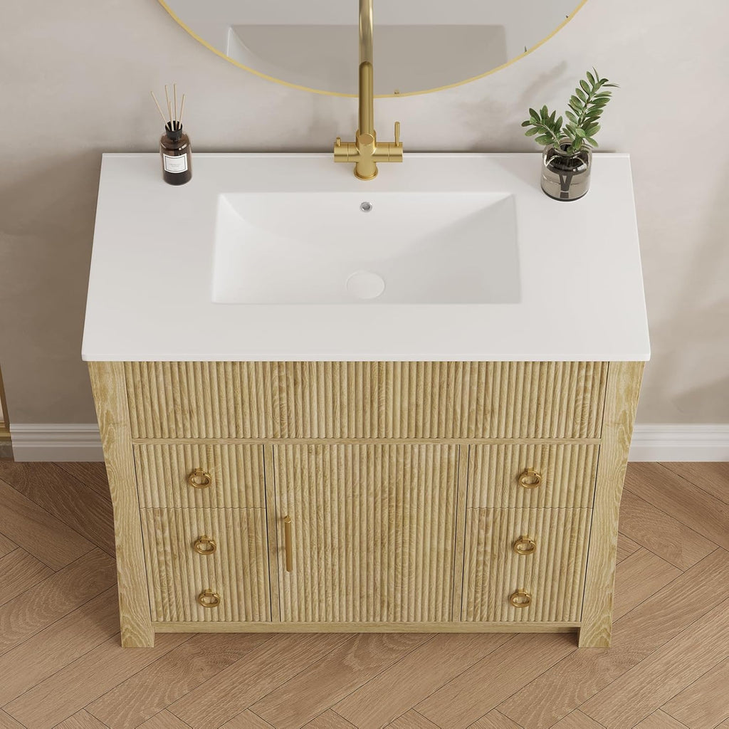36" Freestanding Fluted Bathroom Vanity with Sink & Drain - Cabinet with 4 Drawers & Door
