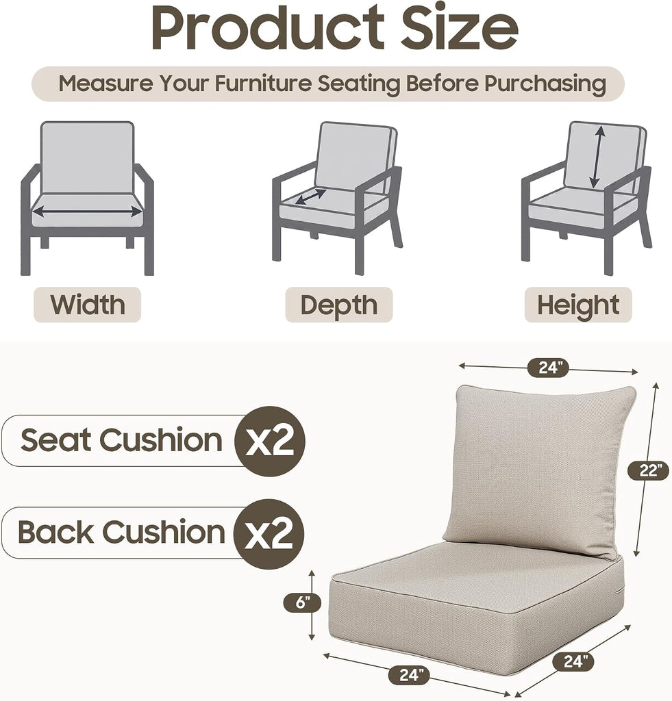 24x24 Outdoor Seat Cushions Set of 2, Thick Deep Seated Outdoor Chair Cushions Furniture, Fade Resistant Replacement