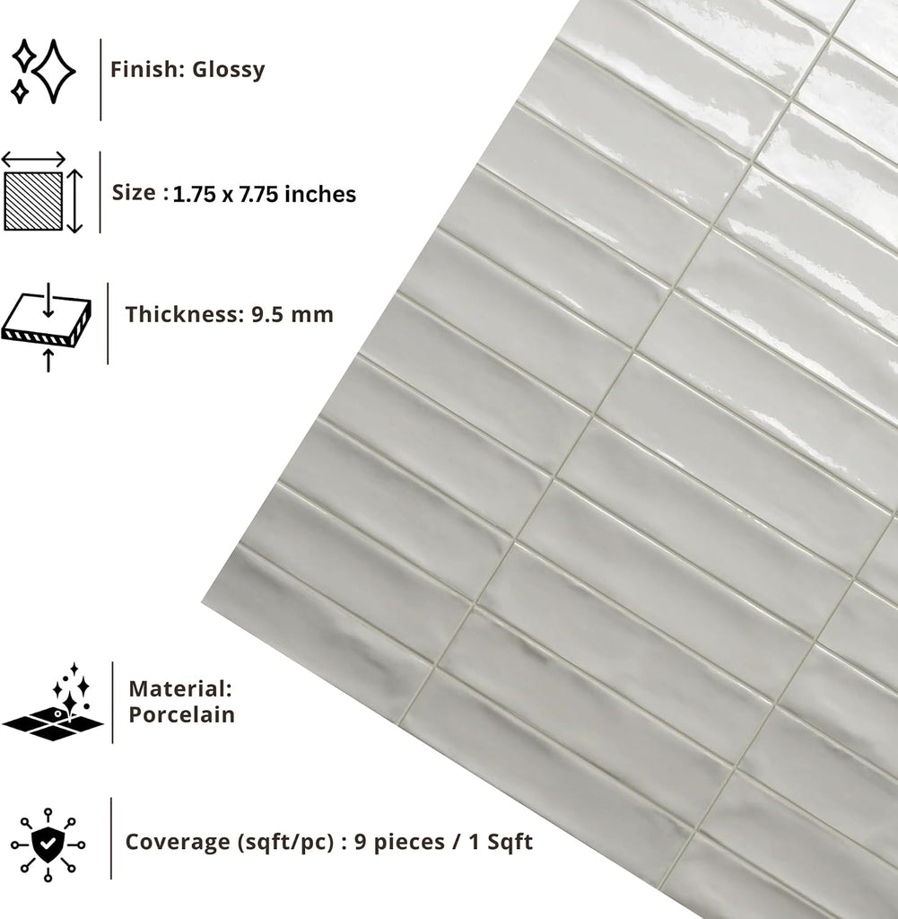 Pure White Glossy Porcelain Subway Zellige Look Tile-2"x8" Wall and Floor, Backsplash , Shower,Fireplace Accent-Great