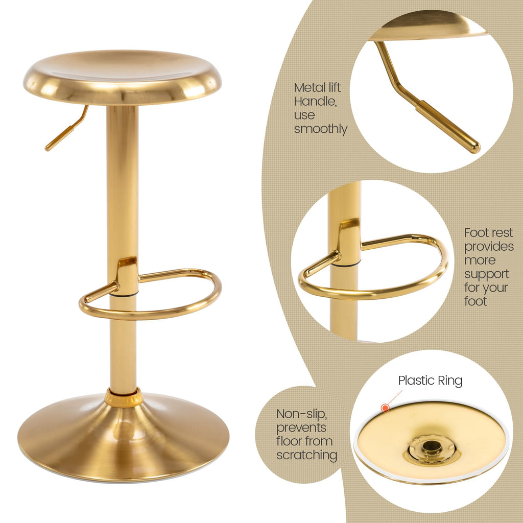 Adjustable Bar Stool, Swivel Round Metal Airlift Backless, 1 pc Gold