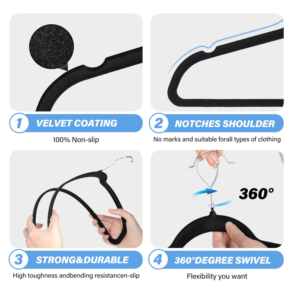 Velvet Hangers 50 Pack, Non-Slip Clothes Hangers with Shoulder Notches, 360° Swivel Hooks, Heavy Duty Standard