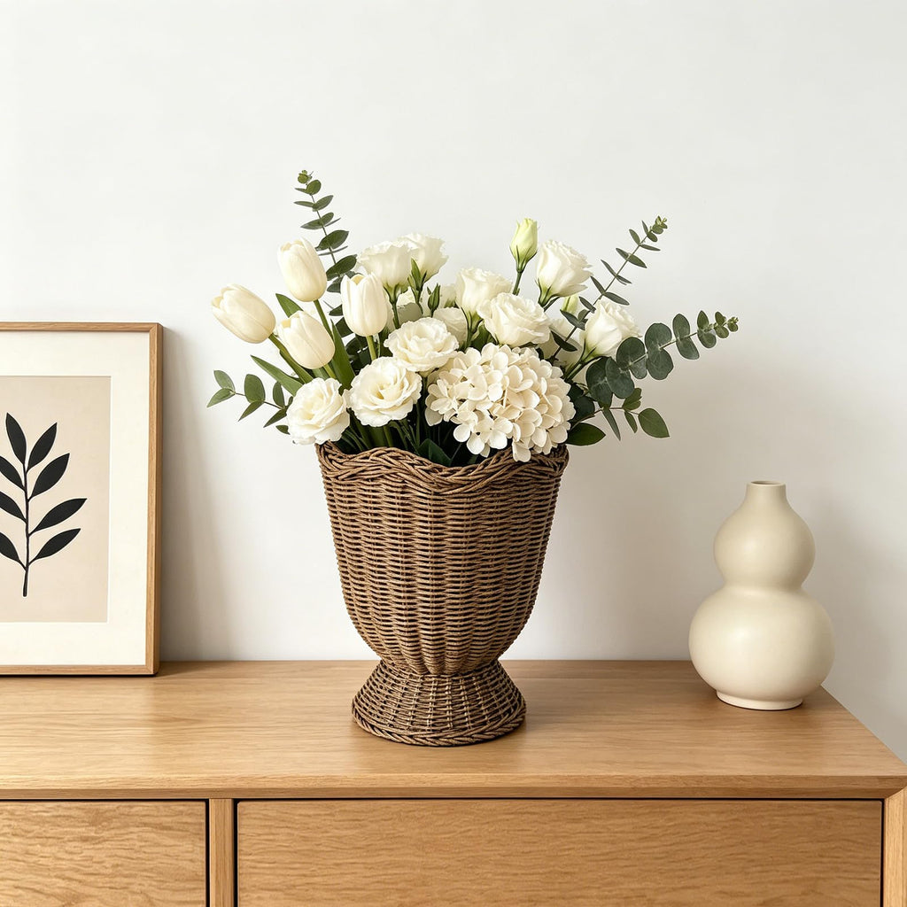 Rattan Planter, Woven Planter Basket for Plants Indoor Outdoor, Decorative Plant Holder Basket for Garden Patio Boho