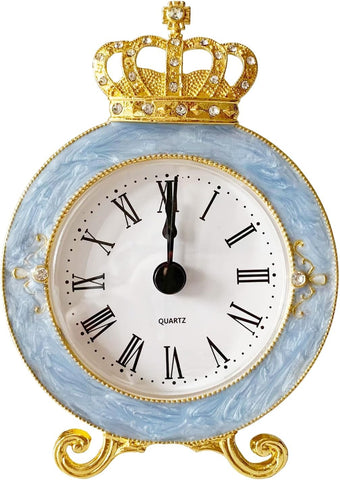 Vintage Mini Analog Table Clock, Silent Crown Table Clock with Hand-Painted Metal Body and Battery Operated Non-Ticking Core for Shelf,...