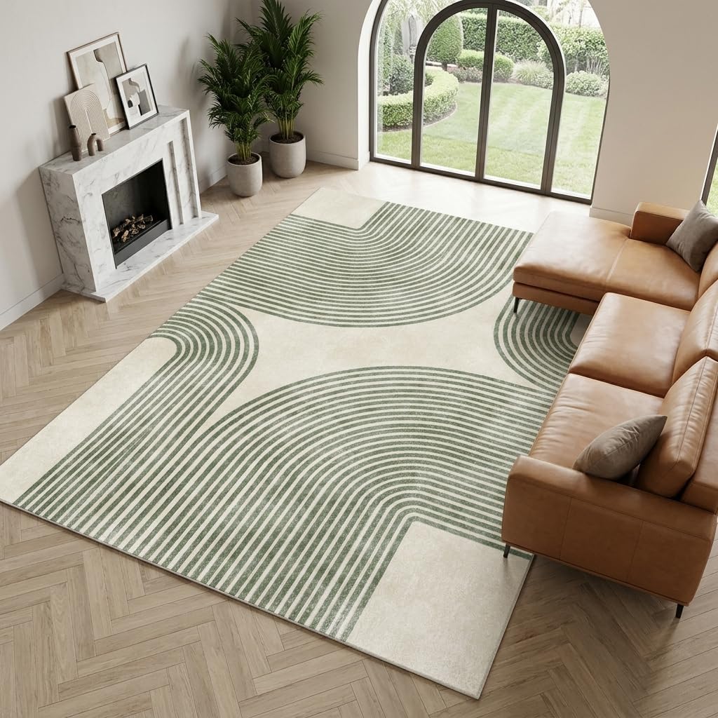 5x7 Area Rug, Green and Beige Modern Geometric Arch Stripe Rug, Machine Washable Non-Slip Low Pile Faux Cashmere