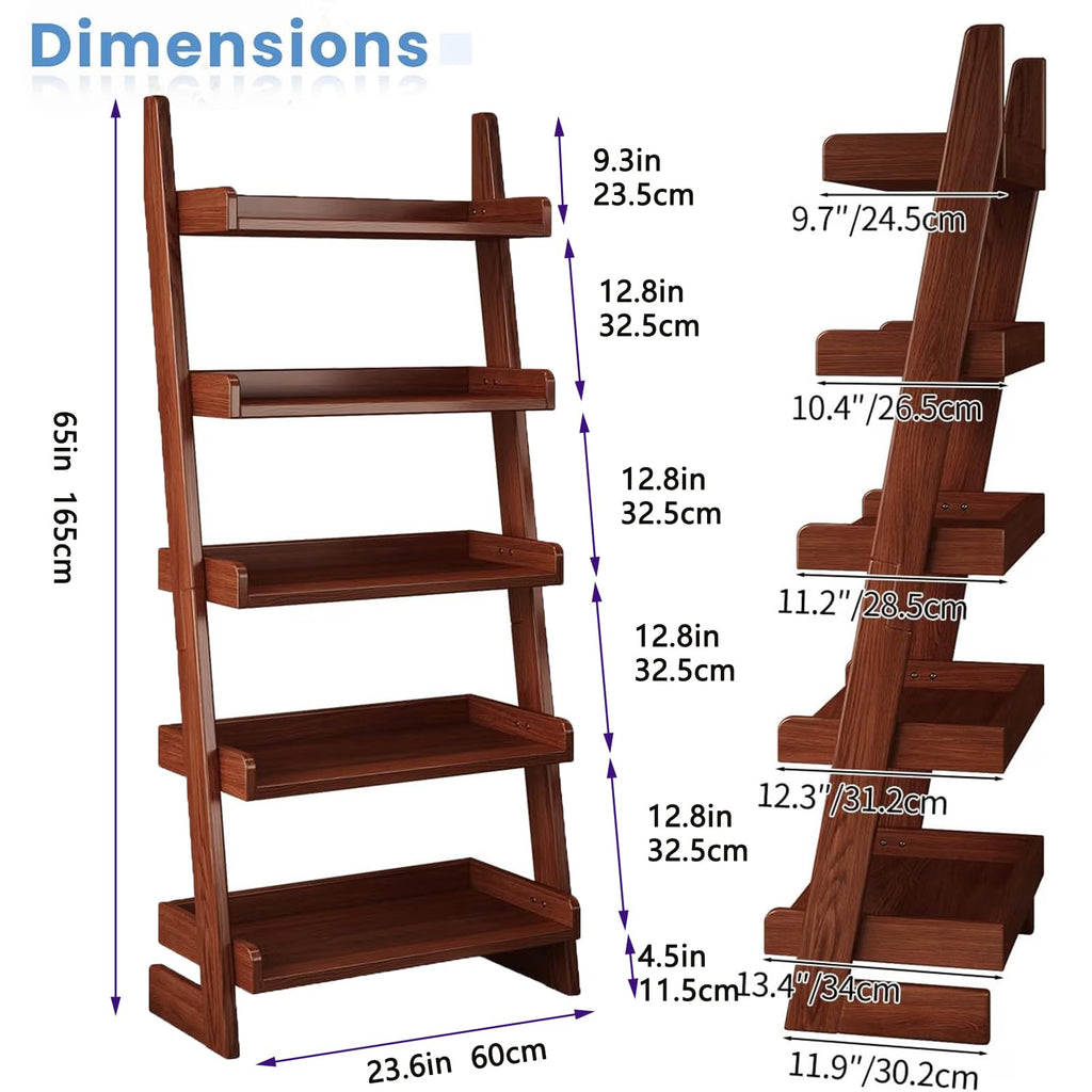 5 Tier Ladder Shelf, Ladder Bookshelf with Wood Frame, Modern Leaning Storage Organizer Bookcase with