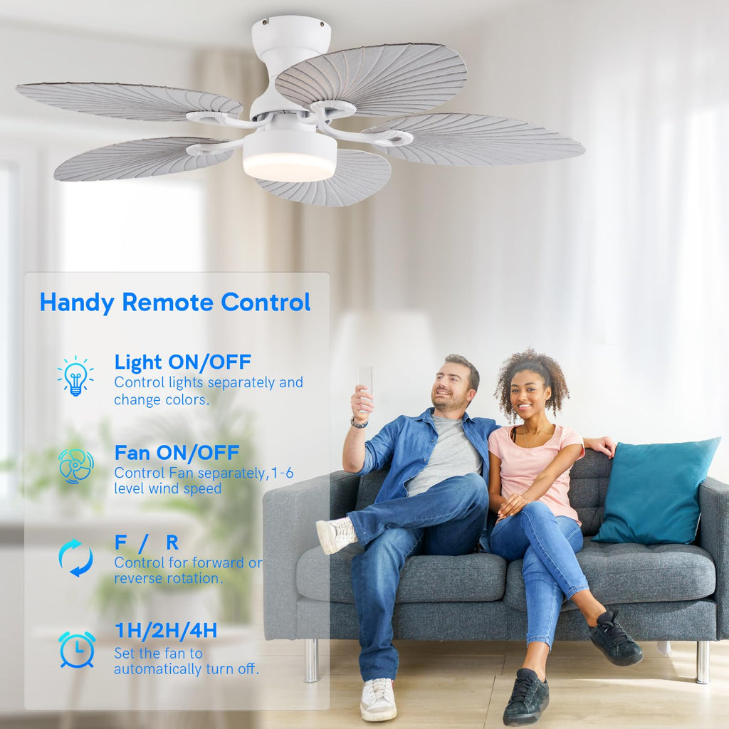 52inch Tropical Palm Leaf Ceiling Fans with Lights and Remote, Outdoor, White