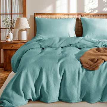 100% France Linen Duvet Cover Set 3 Pcs Natural Flax Duvet Cover Set 2 Pillowcase 1 Duvet Cover with Zipper (Aqua