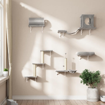 Cat Wall Shelves, 7 Pcs Wall-Mounted Cat Climber Set, Gray