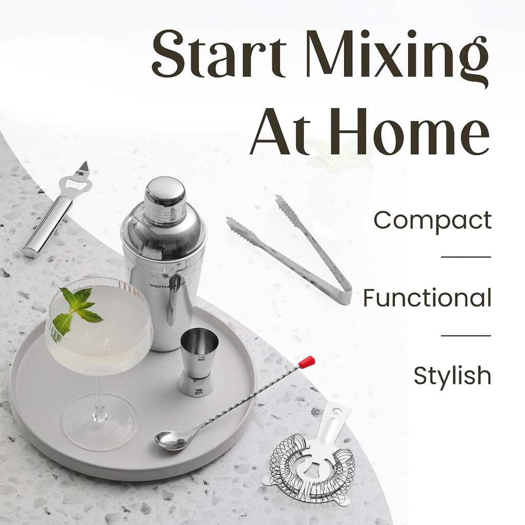 Cocktail Shaker Set - Bartender Kit with Pine Stand | Leak-Proof Design | Includes Martini Shaker, Jigger, Strainer - Set of 8
