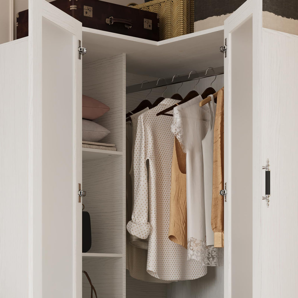 L-Shape Armoire Wardrobe Closet with Frosted Glass Door, 70.9''H Bedroom Clothing Storage Cabinet with Hanging Rod