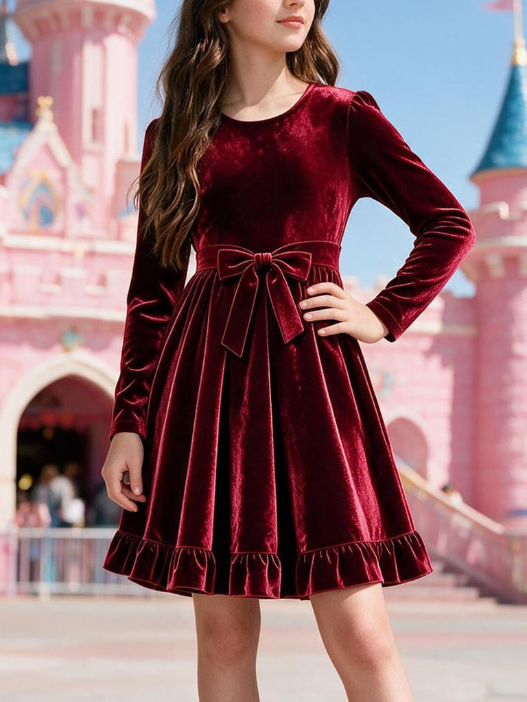 Christmas Velvet Dress Long Sleeve Bow Belt Crewneck Fall Winter Princess Wedding Flower Girl Outfit