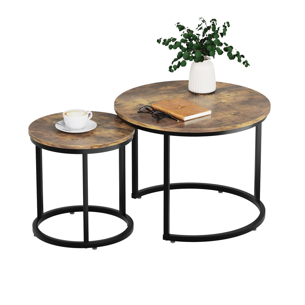 Nesting Coffee Set of 2, 23.6" Round Coffee Rustic Wood Top with Adjustable Non-Slip Feet, Industrial End Side Tables