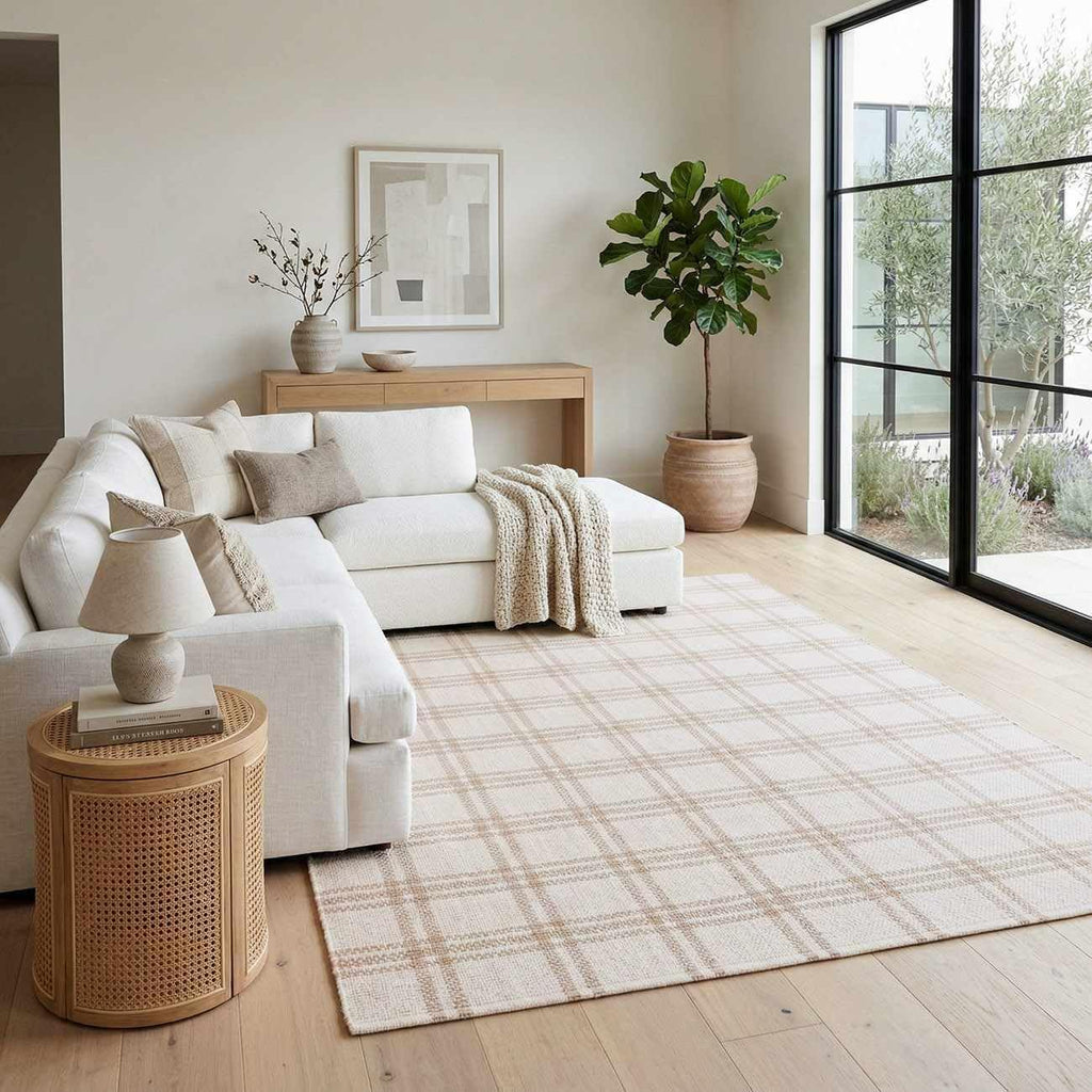 Dhyana Wool Living Room, Bedroom Area Rug - Plaid Checkered Geometric Striped - Contemporary Farmhouse Modern