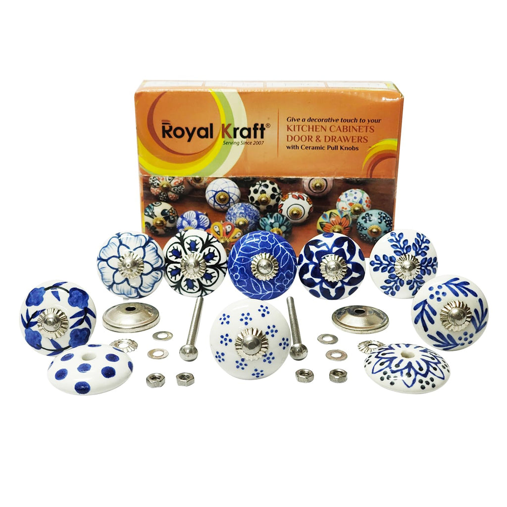 Vintage Blue Hand Painted Ceramic Pull Knobs Cabinet, Door & Drawer, Wardrobe, Cupboard (Set of 10) Sknob002