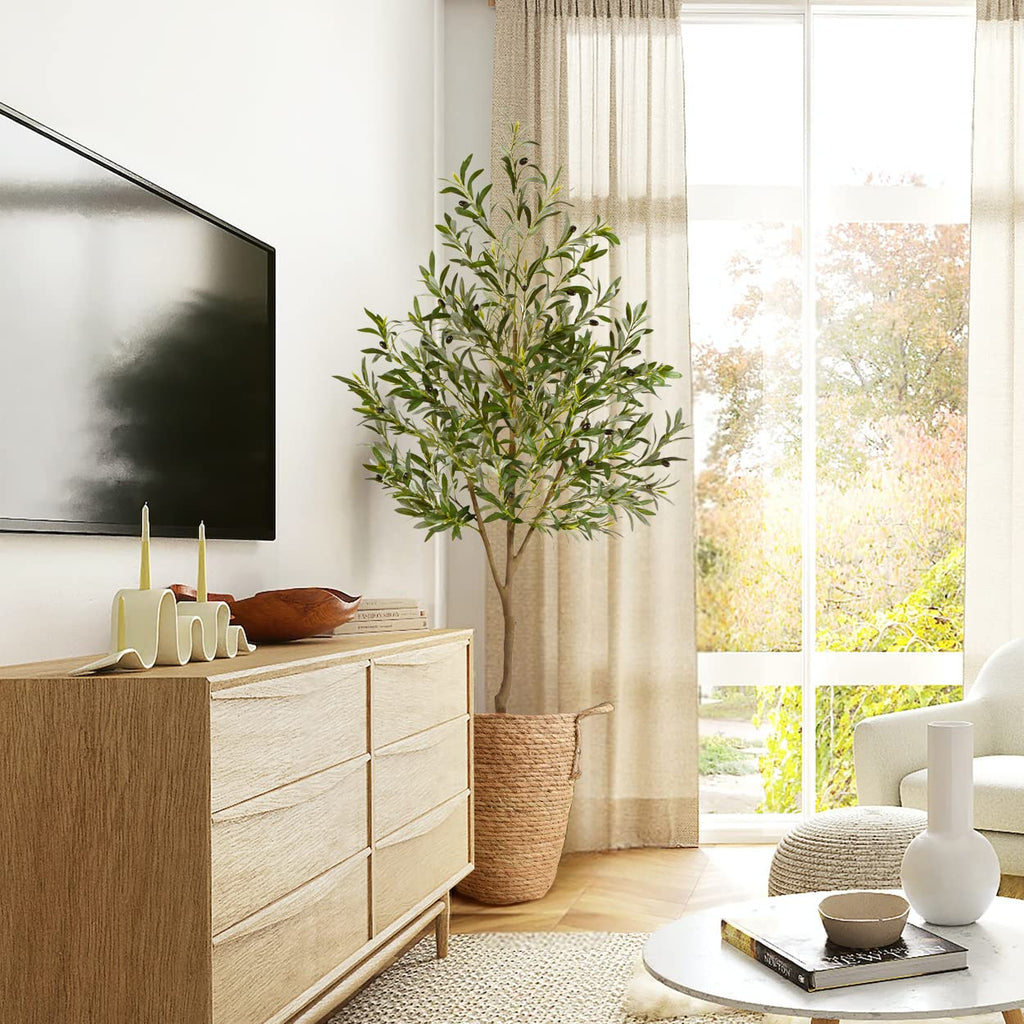 Artificial Olive Tree 7ft Fake Plant with Woven Basket