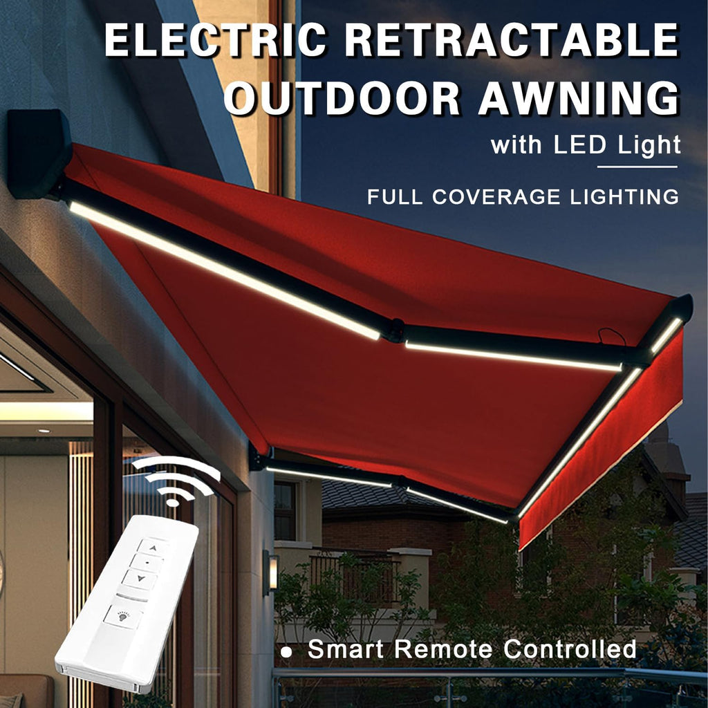 Patio Electric Awning Retractable with LED Light, Protection Sun Shade Shelter for Deck, Balcony, Yard - Remote