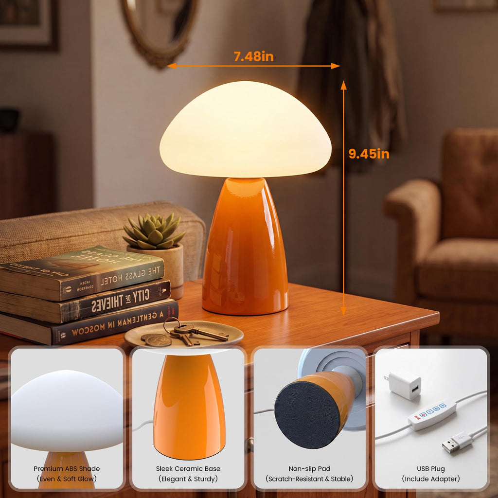 Mushroom Lamp, 3 Color Modes Stepless Dimmable Table Lamp, Retro Bedside Lamp, Nightstand, ABS Plastic Shade and