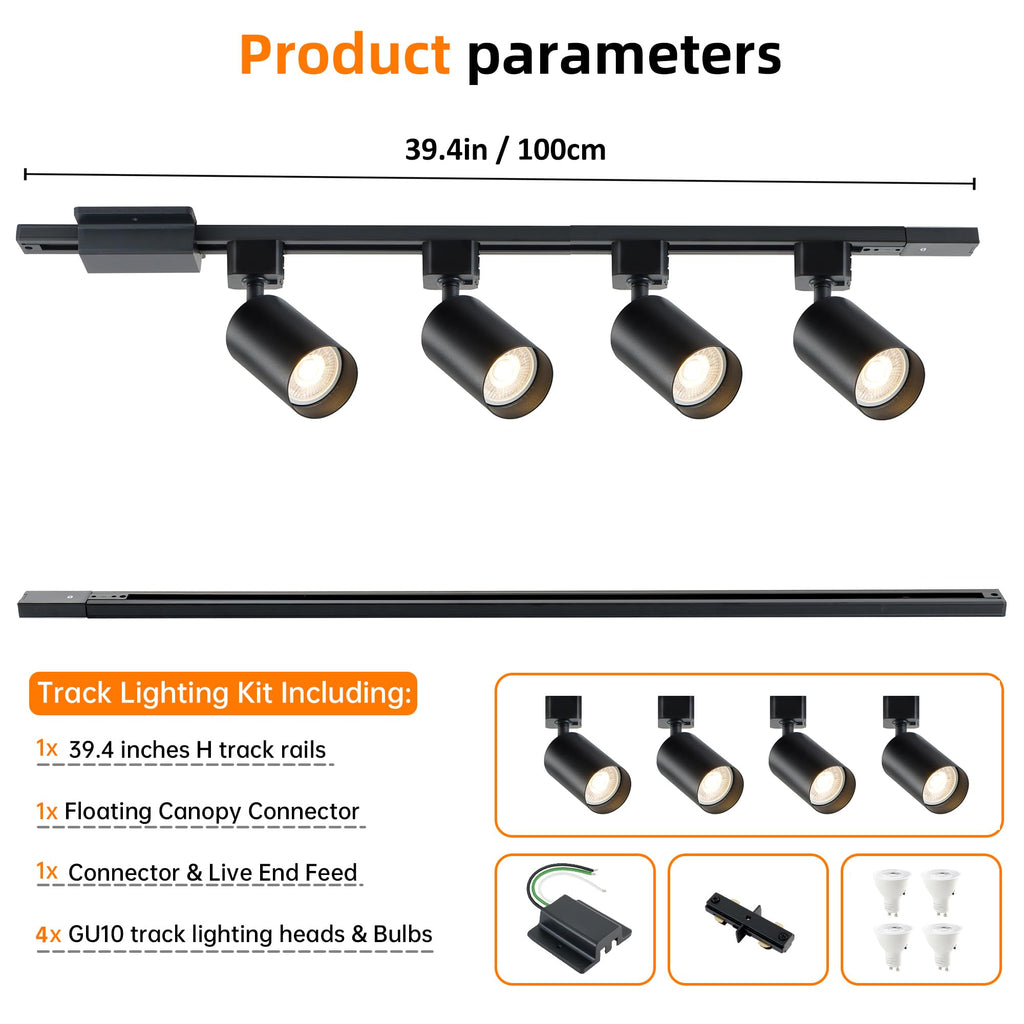 LED Track Lighting Kit with Floating Canopy Connector, 4-Light H Type Rail System with 3.3FT Rails, Dimmable