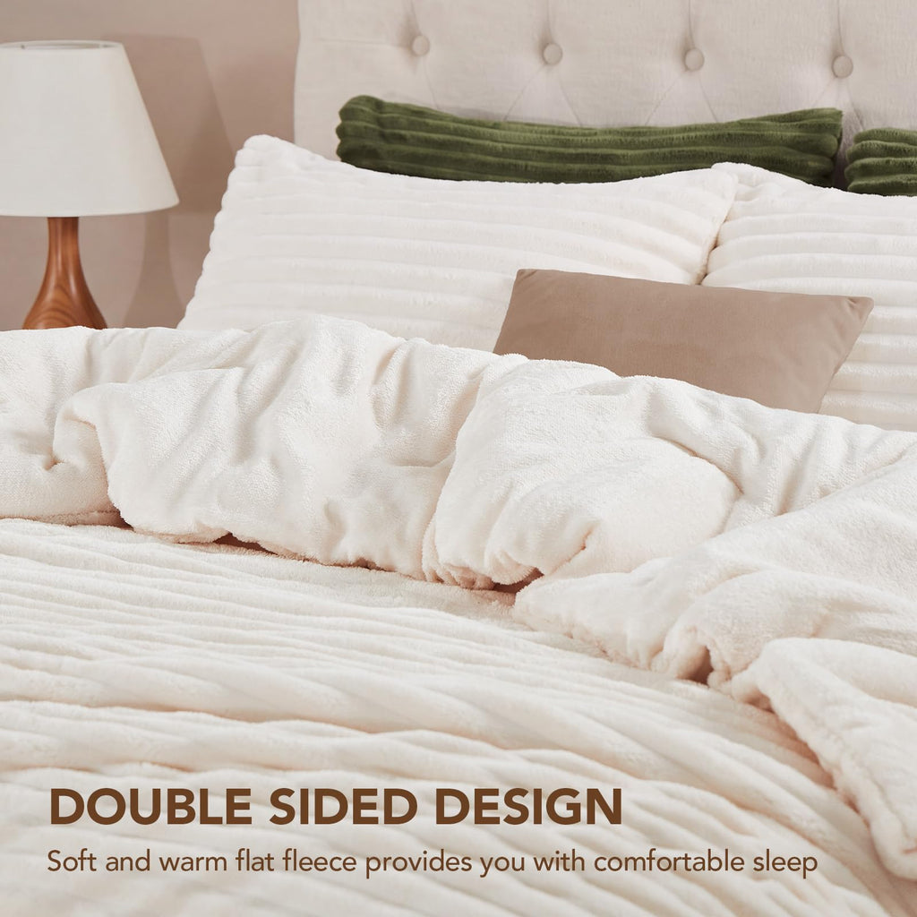 Fluffy Comforter Set 3 Pieces - Fleece Fluffy Soft & Warm Plush Cream White Comforter Sets, Luxury