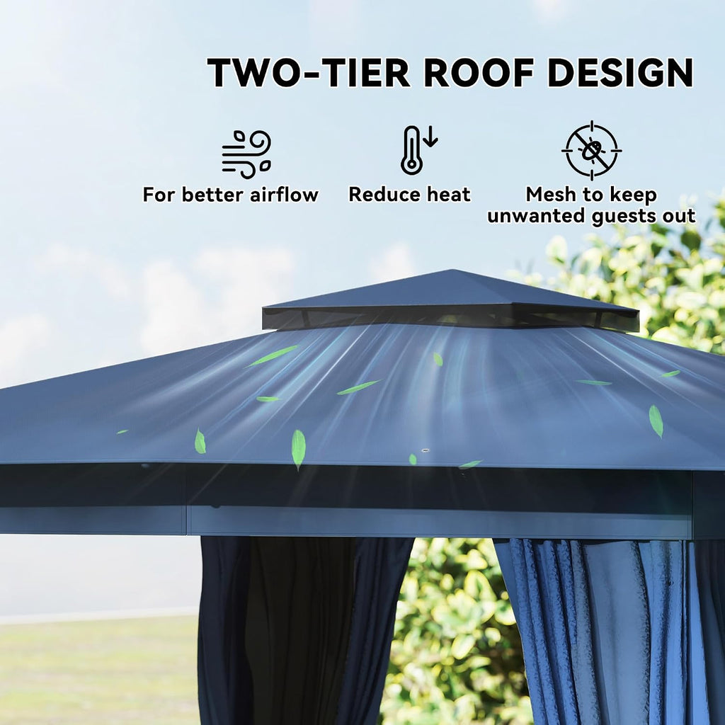 10' x 12' Outdoor Patio Gazebo, Heavy Duty Gazebo Canopy Shelter with Double Roof, Curtains, Netting, Steel Frame