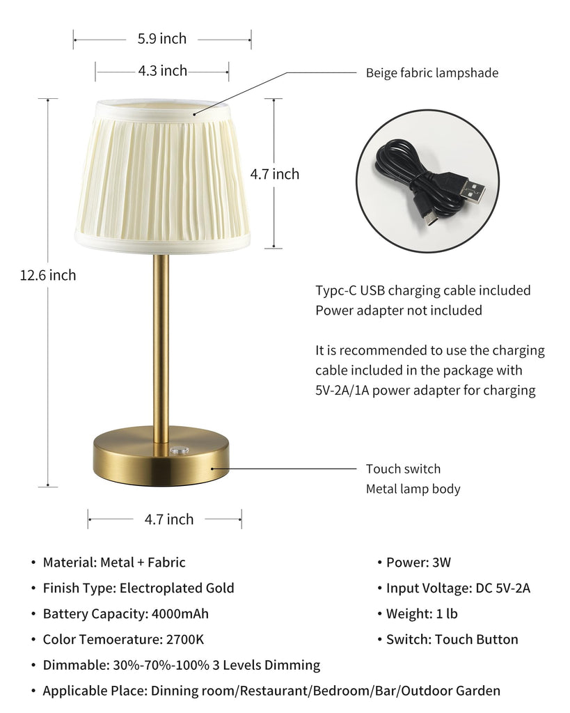 2 Pack Cordless Gold Table Lamps, Fabric Shade Bedside Small Lamp