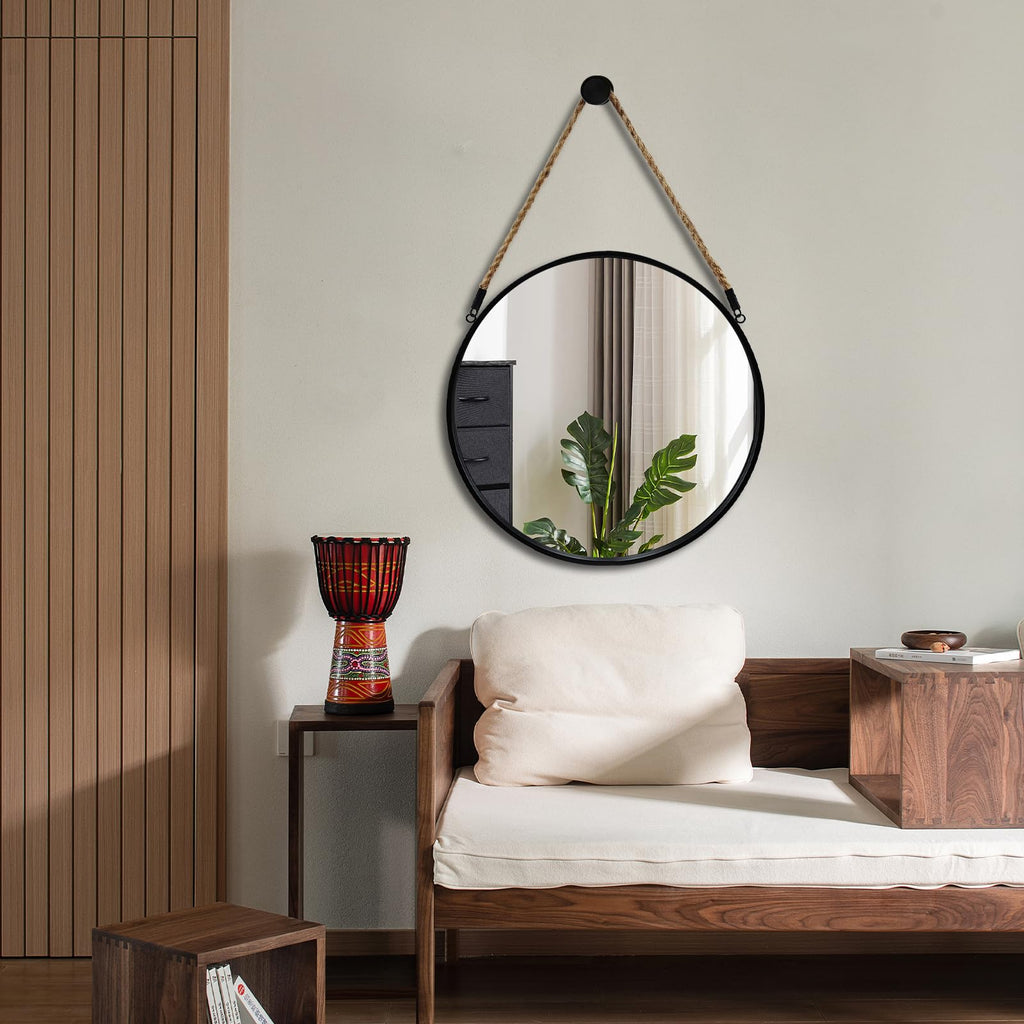 20" Round Wall Mirror with Jute Rope, Circle Hanging Mirror for Wall